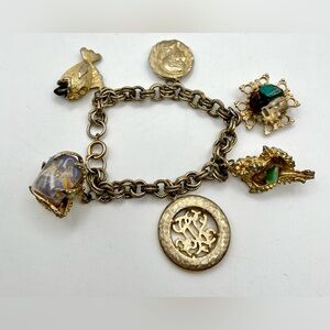 VTG 60s Italian Revival Gold Tone Charm Bracelet Roman Coin Fish Shell MCM